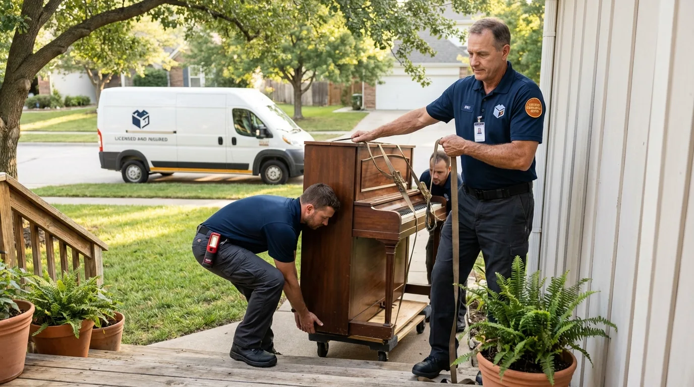 Licensed piano movers securing grand piano in Smithville, TX